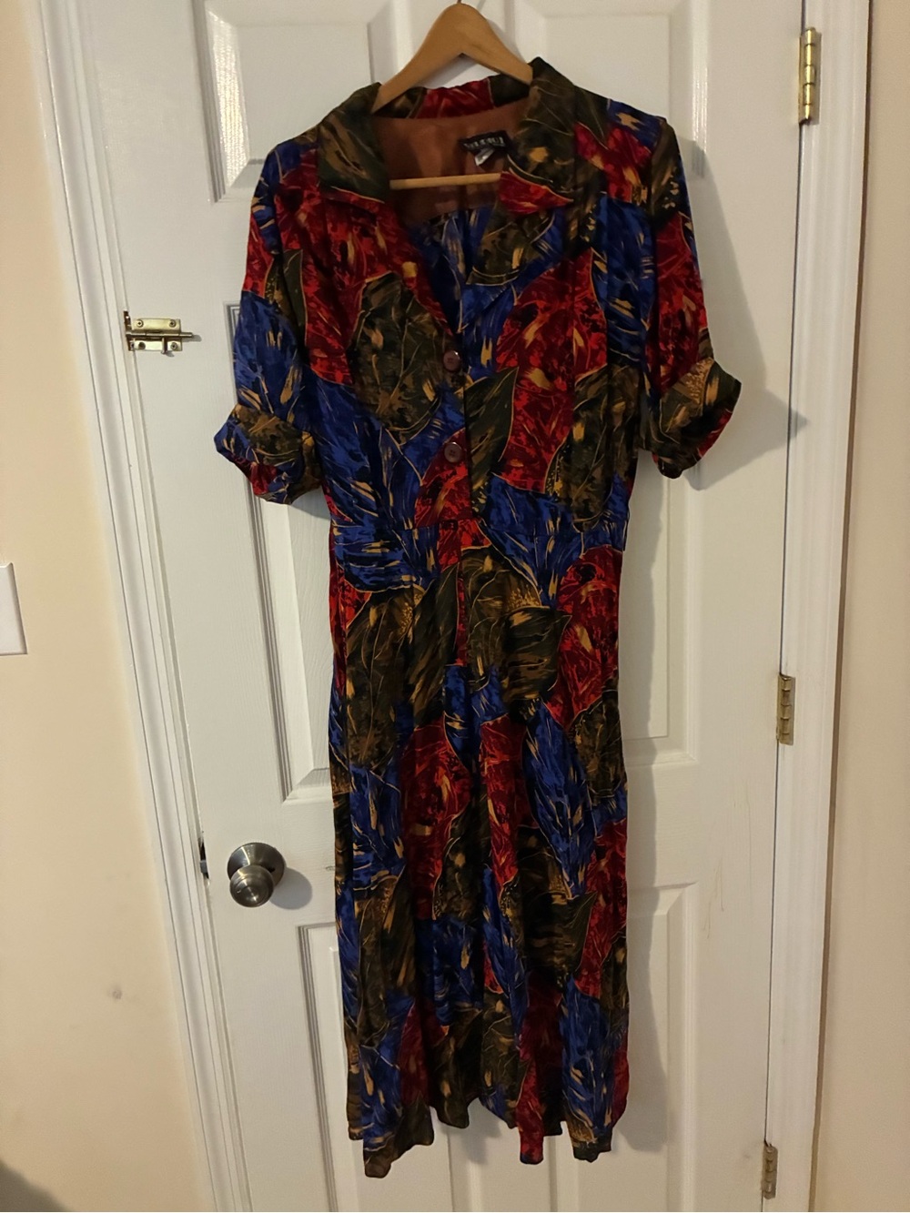 Studio One Red Blue Brown Leaf-Print Midi Dress